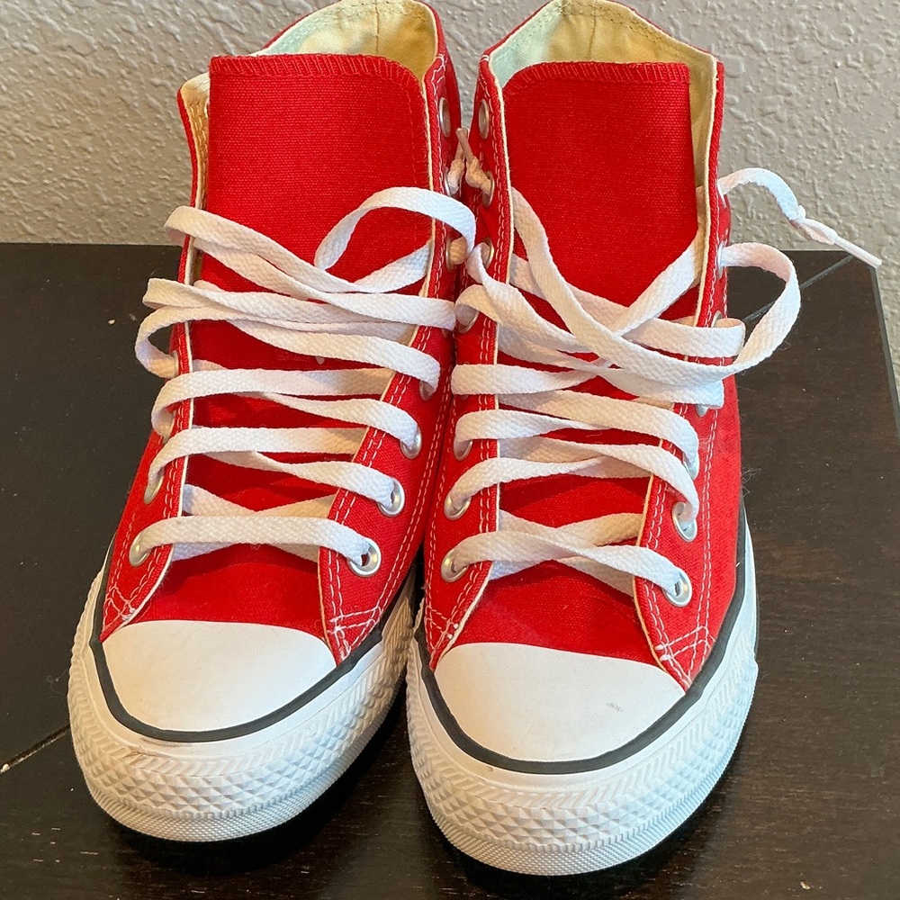 Women Converse Red Canvas High-Tops with White Accents Size 8.5